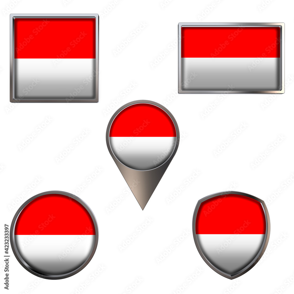 Various flags of the Republic of Indonesia. Realistic national flag in point circle square rectangle and shield metallic icon set. Patriotic 3d rendering symbols isolated on white background. Various flags of the Republic of Indonesia. Realistic national flag in point circle square rectangle and shield metallic icon set. Patriotic 3d rendering symbols isolated on white background.