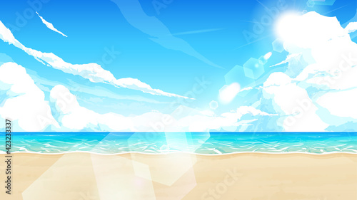 Fototapeta Naklejka Na Ścianę i Meble -  海と砂浜と空の風景イラスト_太陽の日差し_16:9