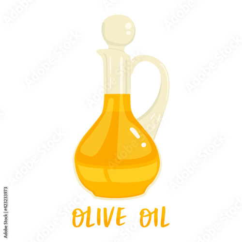 Flat vector cartoon illustration of fresh extra virgin olive oil in a glass bottle. Isolated design on a white background.