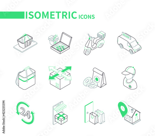 Food delivery service - modern isometric icons set
