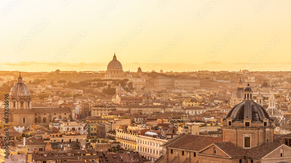 Rome. Scenic view at sunset from the Vittoriano over the town towards St. Peter's Basilica