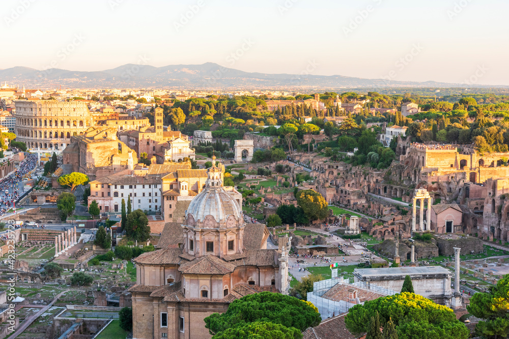 Rome. Scenic view over the Forum Romanum and the Colosseum.