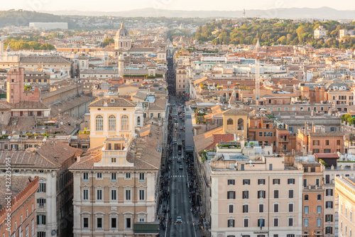 Rome. Scenic view from the Vittoriano over the town through Via del Corso towards Piazza del Popolo