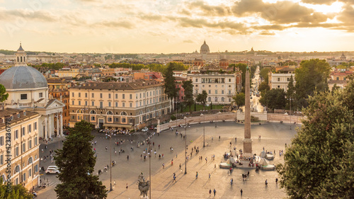 Rome. View toward the Piazza del Popolo and Saint Peter's at sunset from the Pincio.