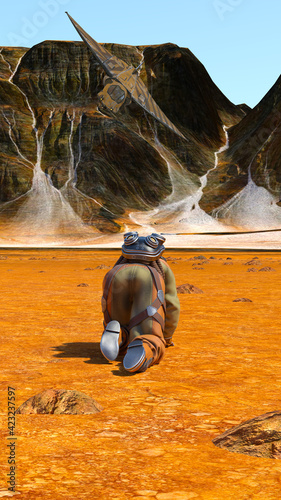 Illustration of a female astronaut crawling across a desert floor with a spacecraft flying toward her on an alien world.