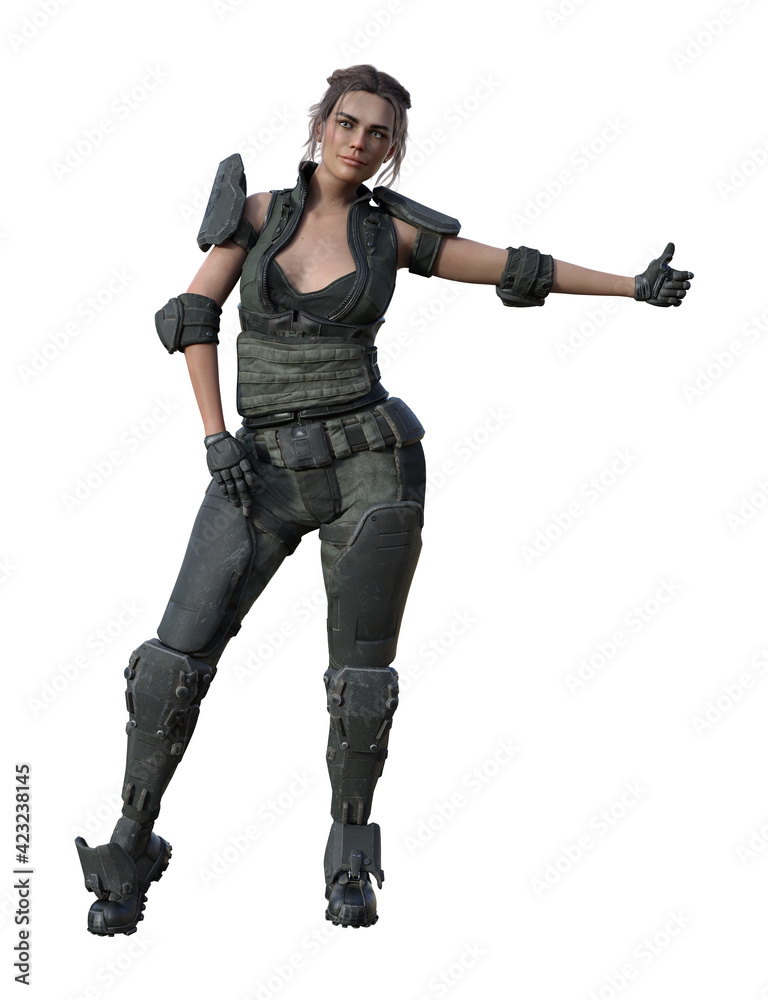 Illustration of a futuristic female walking with one arm out in a hitchhiking gesture isolated on a white background. Illustration of a futuristic female walking with one arm out in a hitchhiking gesture isolated on a white background.