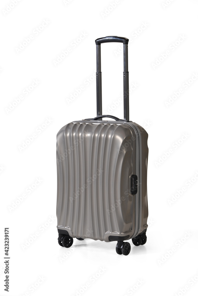 One graphite grey suitcase for travel or graphite grey luggage, graphite grey baggage isolated stand alone on white background with clipping path. One graphite grey suitcase for travel or graphite grey luggage, graphite grey baggage isolated stand alone on white background with clipping path.