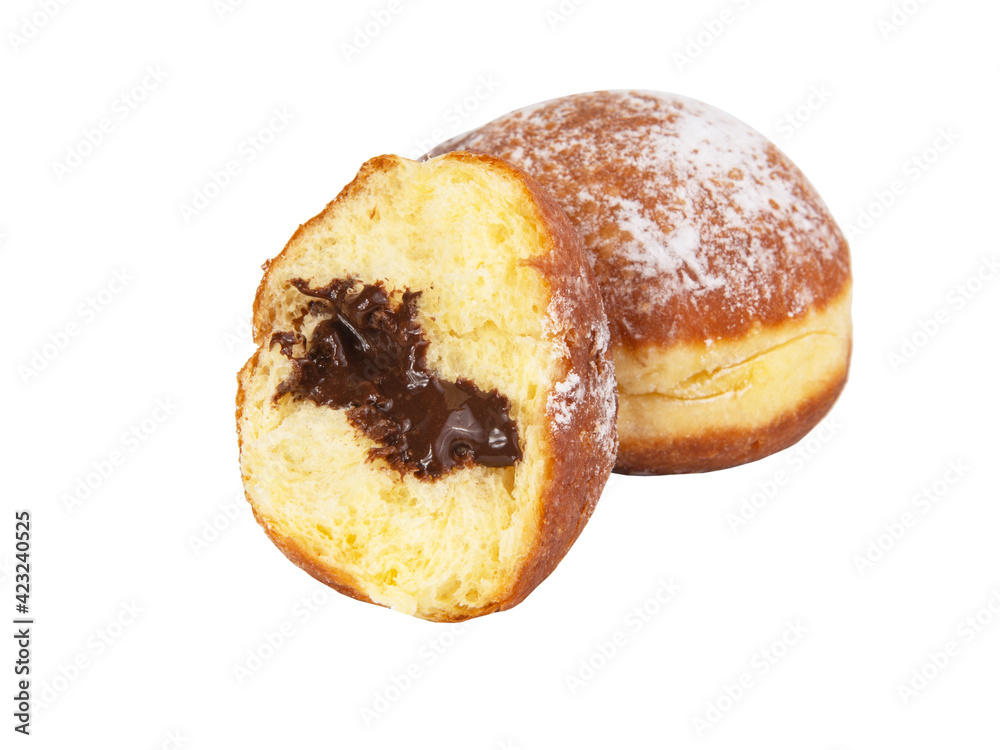 Bright tasty berliner donut ball with chocolate cream filling isolated on the white background Bright tasty berliner donut ball with chocolate cream filling isolated on the white background