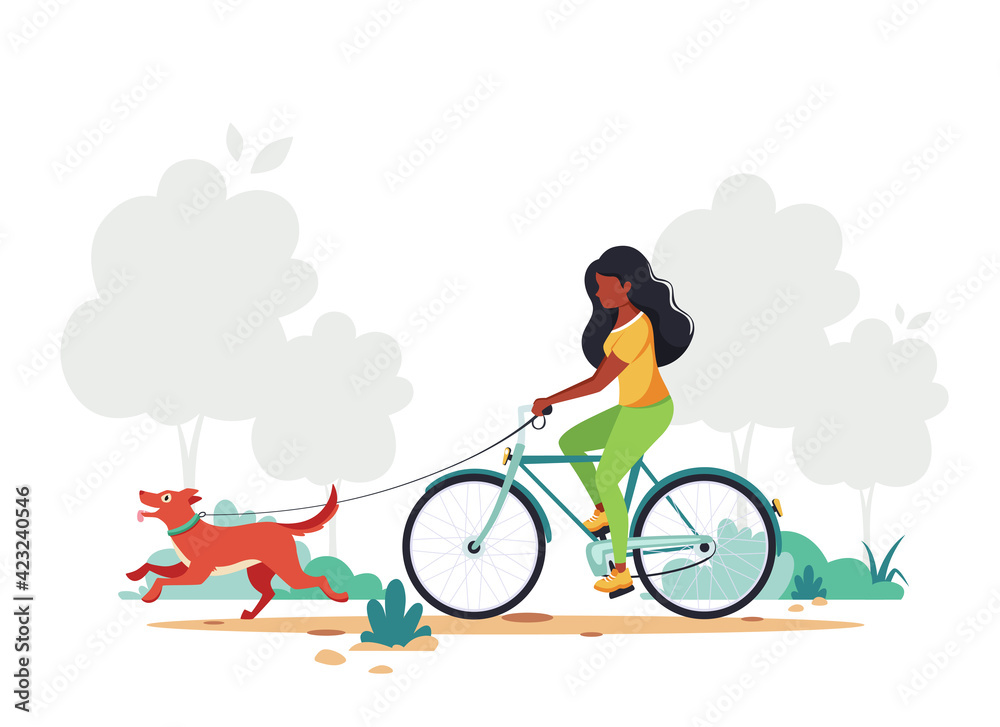 Naklejka premium Black woman riding bike with dog in park. Healthy lifestyle, outdoor activity concept. Vector illustration.