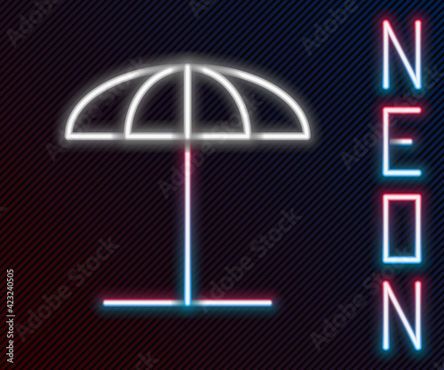 Glowing neon line Sun protective umbrella for beach icon isolated on black background. Large parasol for outdoor space. Beach umbrella. Colorful outline concept. Vector Illustration