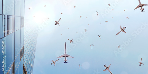 Many passenger planes fly in overcrowded airspace photo