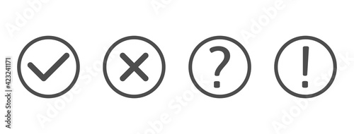 Check and cross marks set. Exclamation and question mark line art icons. Black tick and cross in circle shape. Quiz. YES or NO symbol. Concept of checklist, reject or accept. Vector illustration