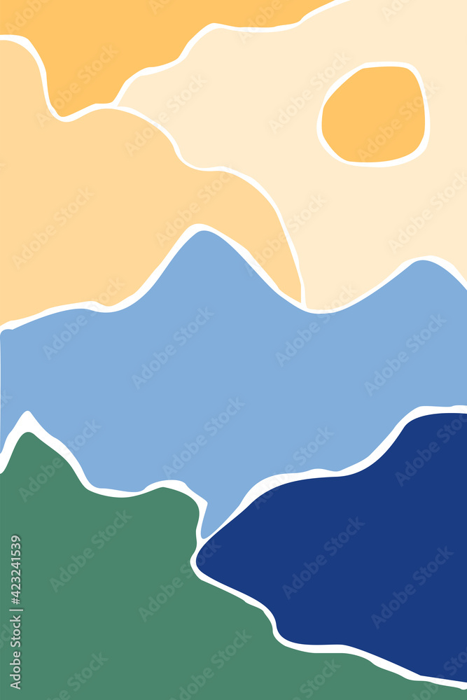 Abstract landscape modern background with mountains, clouds, sun and sea. Mid century modern minimalist art print.