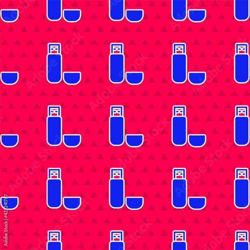 Blue USB flash drive icon isolated seamless pattern on red background. Vector Illustration