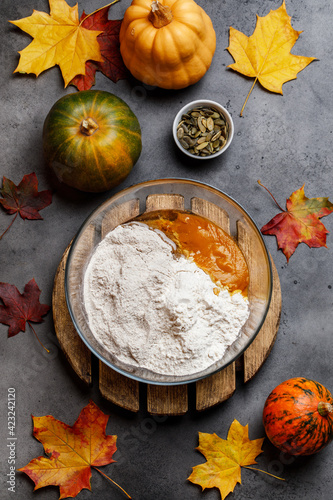 Ingredients for pumpkin bread recipe: flour, yeast, water, salt, pumpkin puree, vegetable oil, pumpkin seeds, sugar. Pumpkin bread recipe.