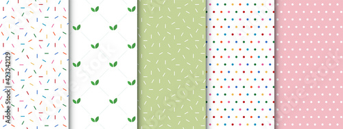 Set of bright colorful seamless patterns of confetti sprinkles, leaves and polka dots