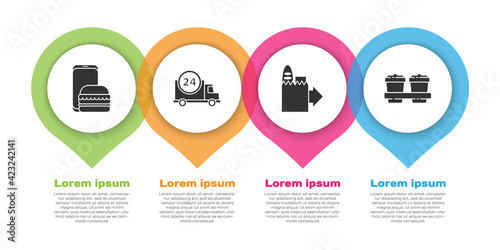 Set Online ordering and delivery, Fast delivery by car, Online ordering and delivery and Coffee cup to go. Business infographic template. Vector
