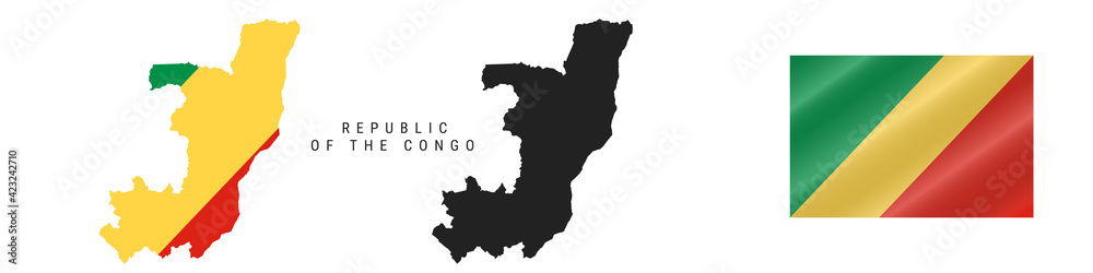 Republic of the Congo. Detailed flag map. Detailed silhouette. Waving flag. Vector illustration