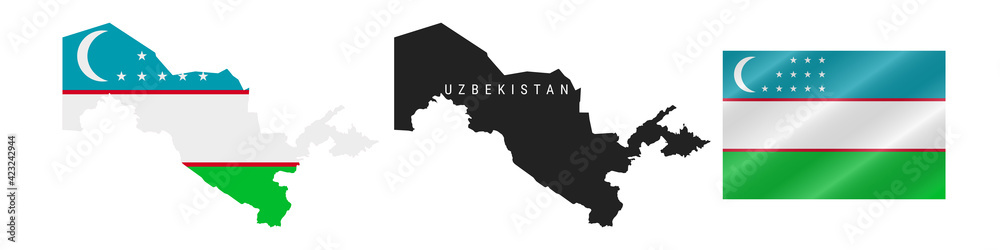Uzbekistan. Detailed flag map. Detailed silhouette. Waving flag. Vector illustration