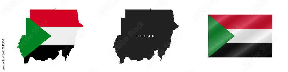 Sudan. Detailed flag map. Detailed silhouette. Waving flag. Vector illustration