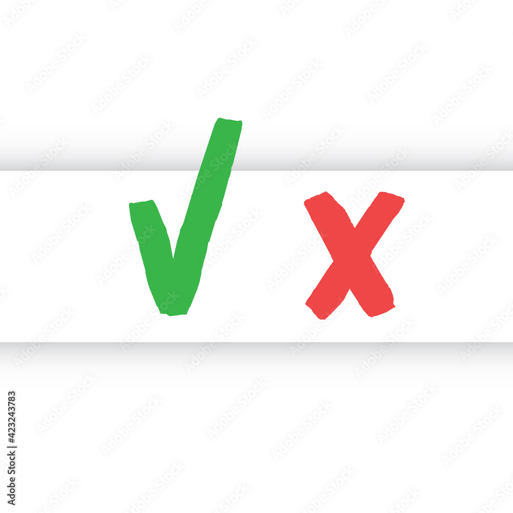 Obraz premium Check marks hand drawn style. Green Tick and red x. Approval vote symbols.