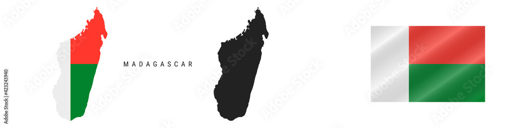 Fototapeta premium Madagascar. Detailed flag map. Detailed silhouette. Waving flag. Vector illustration