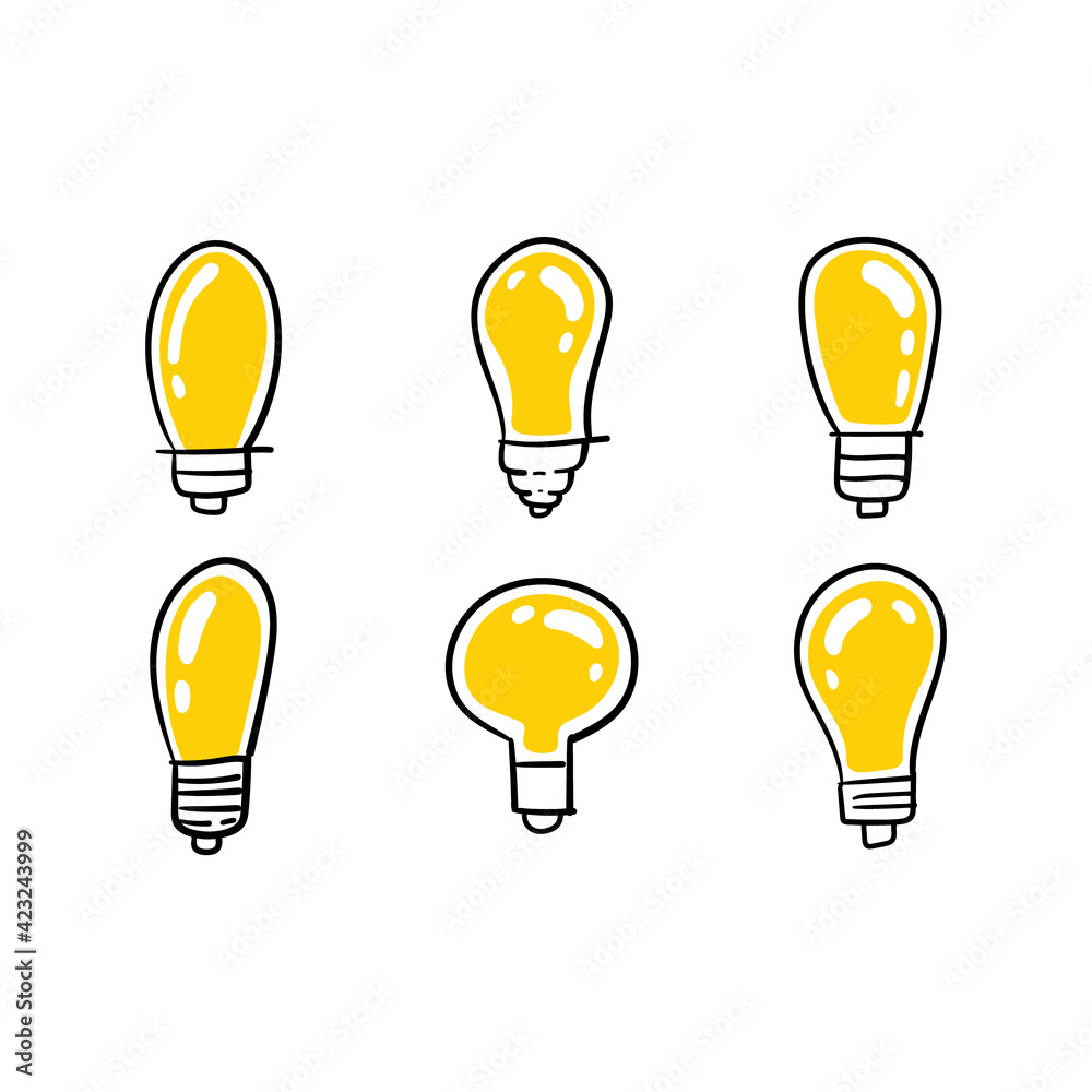 Light bulb doodle collection. Set of hand drawn electric lamp. Symbol of idea, innovation and solution. Light bulb doodle collection. Set of hand drawn electric lamp. Symbol of idea, innovation and solution.