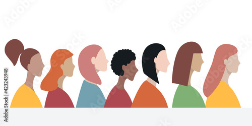 Group of women in turn. Vector illustration in flat cartoon style.