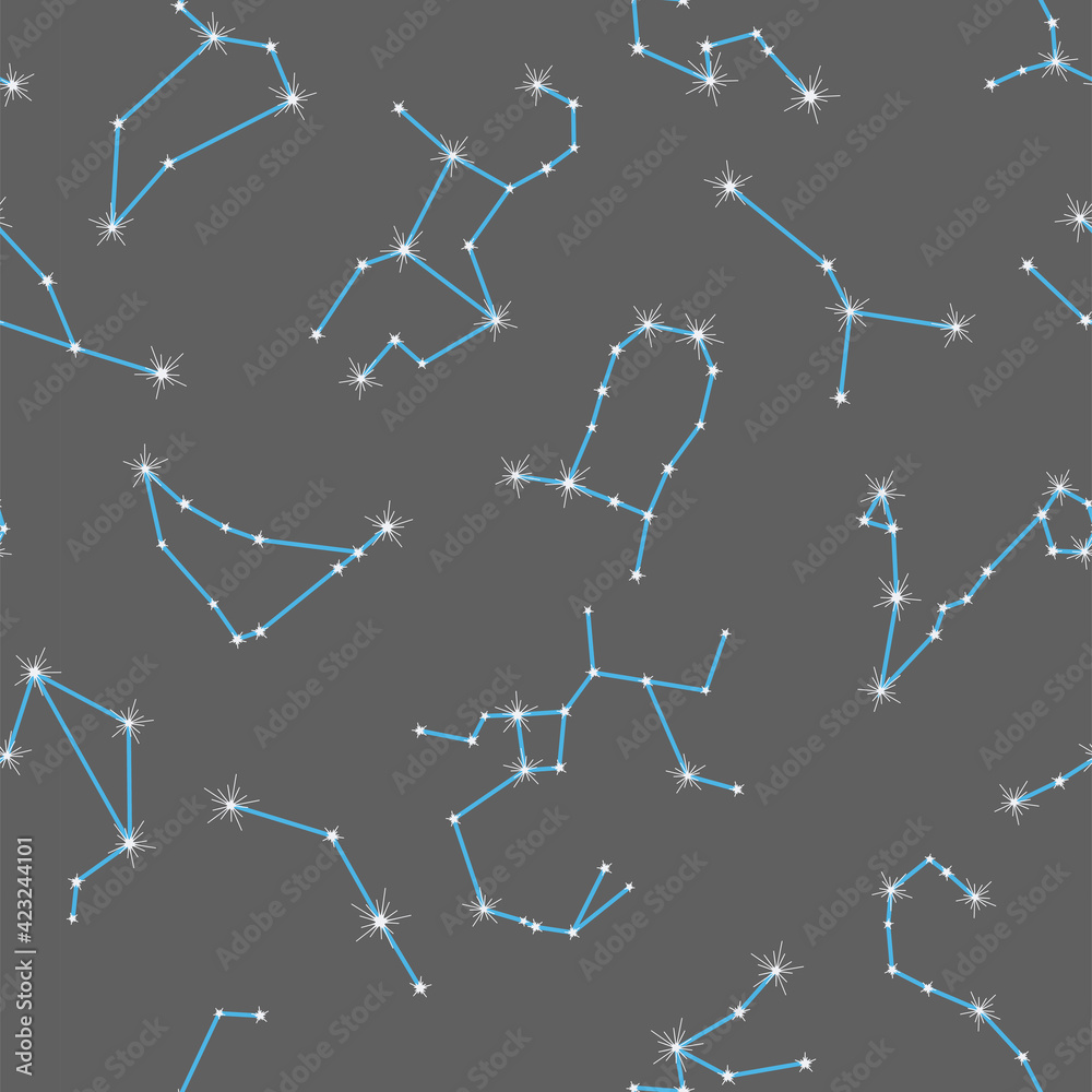 Star constellation seamless pattern. Dark gray space vector background