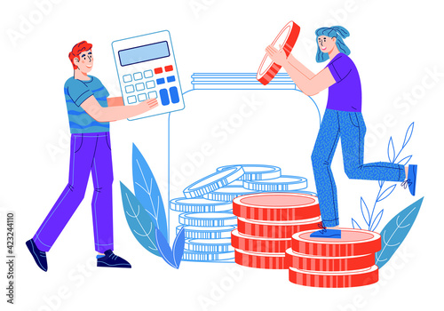 Savings and economy concept with people putting coins into moneybox. Family and business finance, budget economy, cartoon vector illustration isolated on white background.
