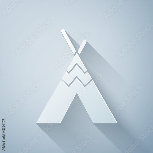 Paper cut Traditional indian teepee or wigwam icon isolated on grey background. Indian tent. Paper art style. Vector