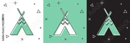 Set Traditional indian teepee or wigwam icon isolated on white and green, black background. Indian tent. Vector
