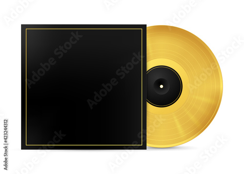 Golden musical vinyl record in an envelope. Vector image on white background