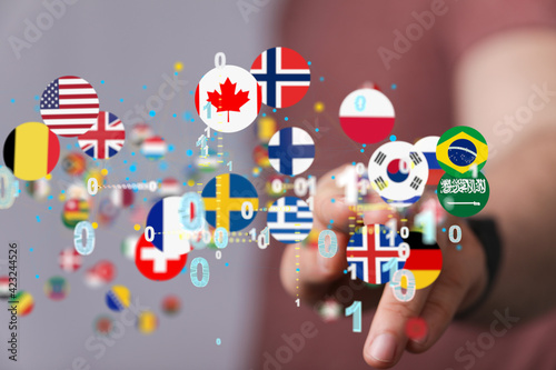 Global communication and international messaging concept, national flags of world