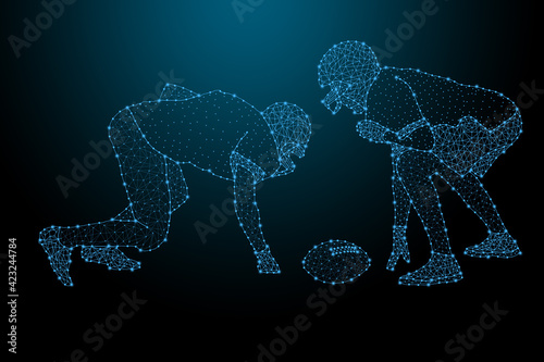 Football players American Football ball made of illuminated shapes. Illustration consisting glowing lines, points and polygons in the form of a ball the sport of Rugby. Abstract 3D neon 
