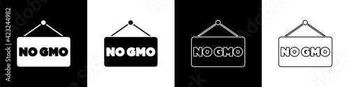 Set No GMO icon isolated on black and white background. Genetically modified organism acronym. Dna food modification. Vector