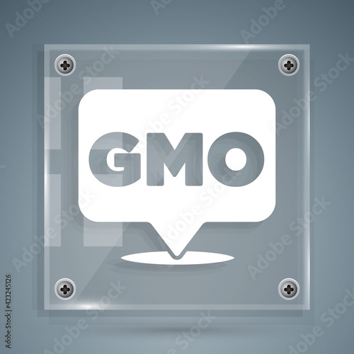 White GMO icon isolated on grey background. Genetically modified organism acronym. Dna food modification. Square glass panels. Vector