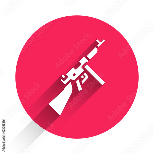 White Thompson tommy submachine gun icon isolated with long shadow. American submachine gun. Red circle button. Vector