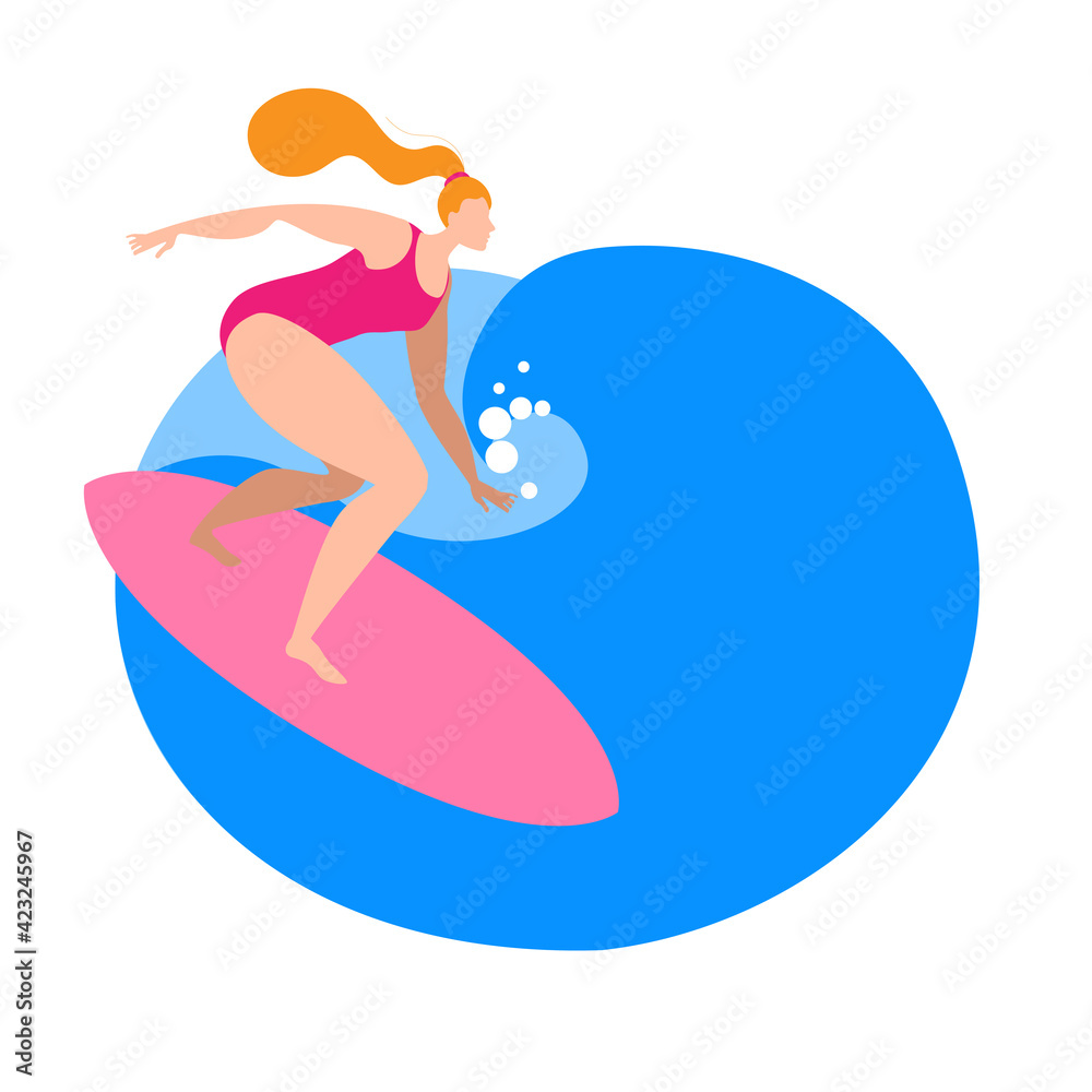 A girl in a swimsuit is surfing on a board. Vector icon in a flat style on the theme of surfing.