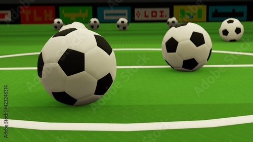 Closeup the soccer balls is spinning forward on the stadium floor. The stadium is built in 3D without the need for existing references., 3D Rendering © luxifer