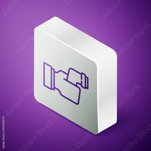 Isometric line Digital contactless thermometer with infrared light for medical examination icon isolated on purple background. Checking body temperature. Silver square button. Vector