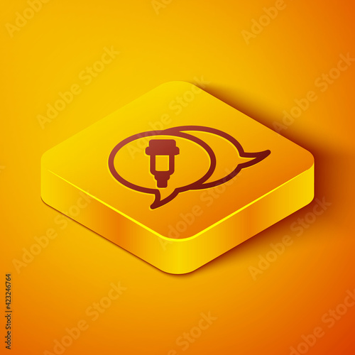 Isometric line Addiction to the drug icon isolated on orange background. Heroin, narcotic, addiction, illegal. Sick junkie with a syringe and medical pills. Yellow square button. Vector