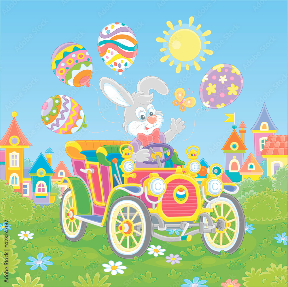 Fototapeta premium Little Easter Bunny friendly smiling, waving in greeting and driving a colorful toy retro car decorated with bright holiday balloons on a sunny spring day, vector cartoon illustration