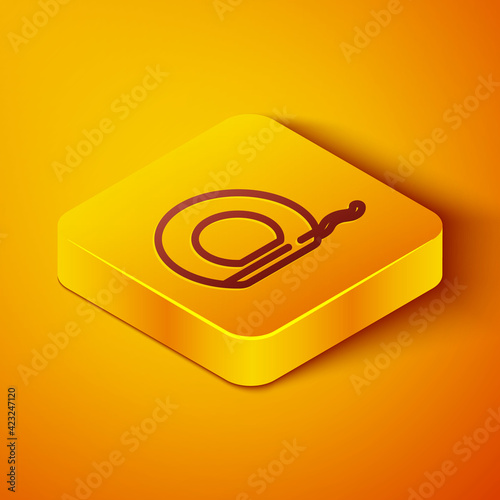 Isometric line Dental floss icon isolated on orange background. Yellow square button. Vector