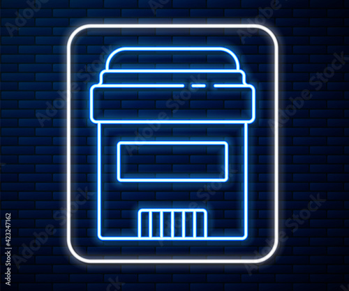 Glowing neon line Antiperspirant deodorant roll icon isolated on brick wall background. Cosmetic for body hygiene. Vector