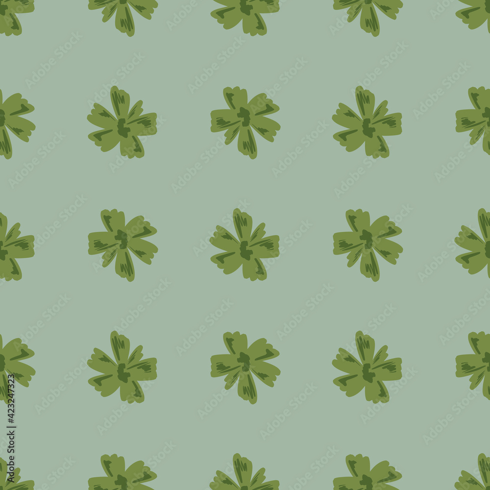 Doodle seamless pattern with decorative hand drawn flowers bud ornament. Green print on blue background.