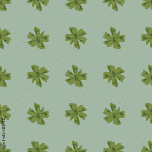 Doodle seamless pattern with decorative hand drawn flowers bud ornament. Green print on blue background.