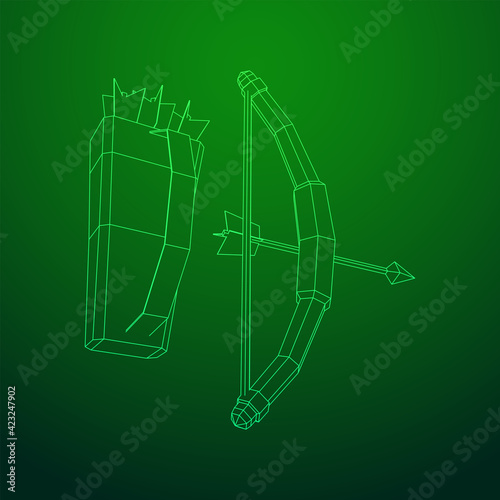 Medieval Bow and arrow archer weapon. Wireframe low poly mesh