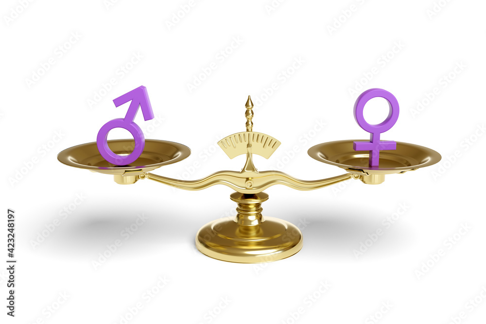 Male and female signs on a balance scale isolated on white background.