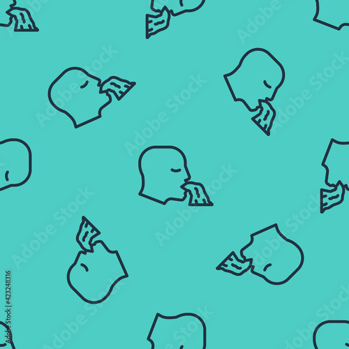 Black line Vomiting man icon isolated seamless pattern on green background. Symptom of disease, problem with health. Nausea, food poisoning, alcohol poisoning concept. Vector